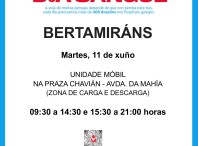 A unidade móbil de doazón de sangue estará o 11 de xuño en Bertamiráns